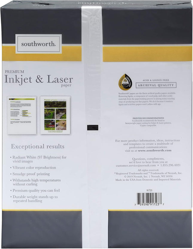 Southworth Inkjet & Laser Printer Paper, 8.5" X 11", 28 Lb., Radiant White, 550 