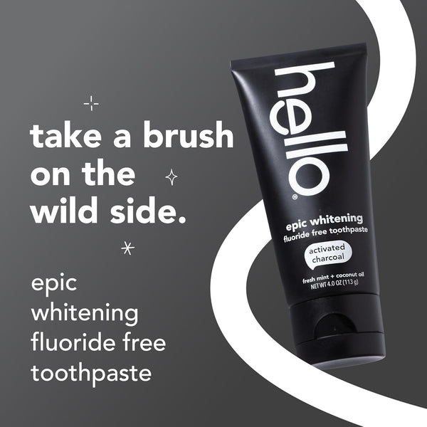 Hello Epic Whitening Charcoal Fluoride Free Toothpaste, Activated Charcoal Toothpaste with Coconut Oil, Whitens Teeth Naturally, SLS Free, Fresh