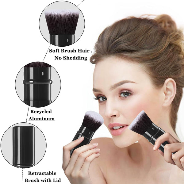 Retractable Kabuki Brush, 2 Pack Travel Foundation Face Makeup Brush Set Black