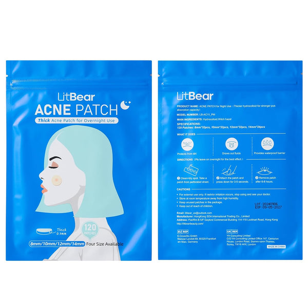 Litbear Acne Pimple Patches- Day and Night 4 Sizes 180 Dots Thin & Thick Hydrocolloid Patches with Witch Hazel, Tea Tree & Calendula Oil, Extra