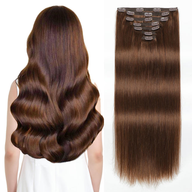 Sisily Clip in Hair Extensions Real Human Hair, 16 Inch 140G, Chocolate Brown, 1