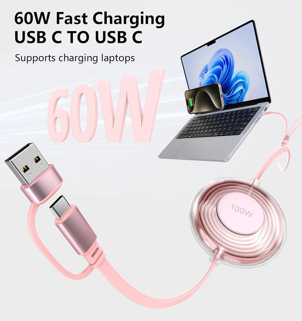 3-in-1 Retractable Multi Charging Cable, 100W Fast Charging USB-C/A to Lightning/USB-C/Micro USB Phone Charger Cord for iPhone 16/15, Samsung,