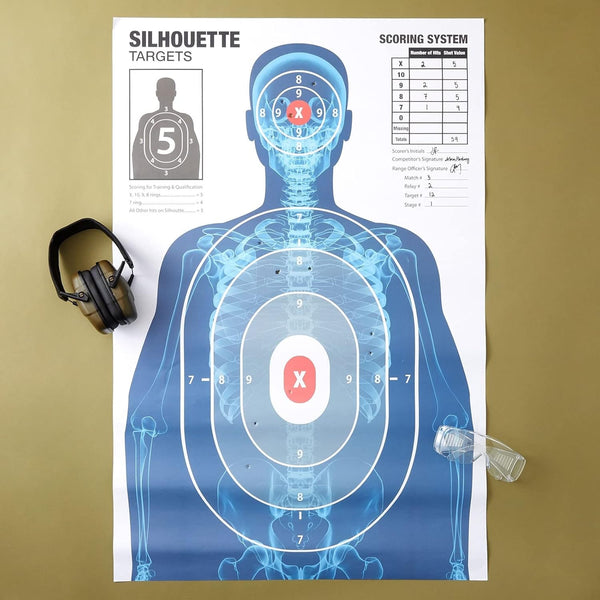 Paper Targets for Shooting Range - 25 x 38 in, 50 Pack, 2 Human Silhouette Designs - Realistic X-Ray Skeleton Anatomy with Red Scoring Marks -