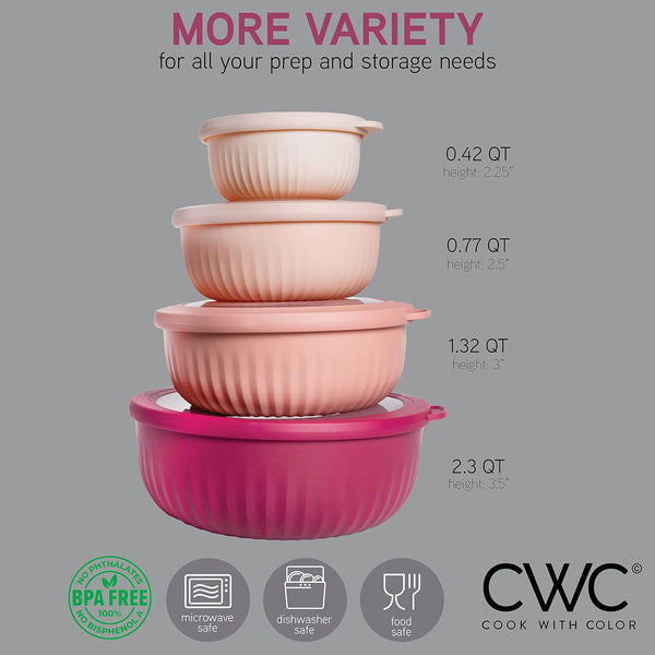 COOK WITH COLOR Prep Bowls with Lids- Wide and Deep Nesting Plastic Small Mixing Bowl Set with Lids, 8 Piece Set - Wide Bowls, Rose Rose 8 Piece