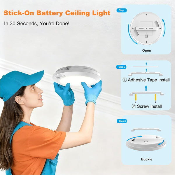 LED Motion Sensor Light Indoor, Battery Operated Ceiling Light | Wireless, Stick-on Under Cabinet Closet Light No Wiring, 210LM 6000K Daylight,