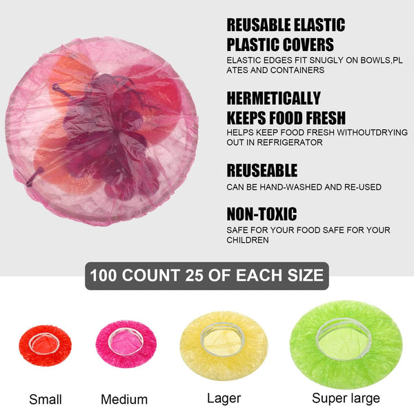 Boao 100 Pcs Reusable Bowl Covers 4 Size Plastic Color Elastic Wrap for Food Storage Fresh Keeping Food Bowl Cover Lid for Dish Plate Cup Bread