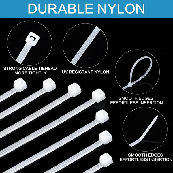 1000 Pcs White Zip Ties, 6 Inch Clear Self-Locking Nylon Cable Ties, Premium Heavy Duty Plastic Wraps Wire Ties for Indoor and Outdoor 6" White
