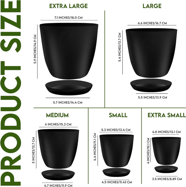 Plant Pots Indoor with Drainage, 5 Pack Multi-Size Planters Set, Black Pack of 5