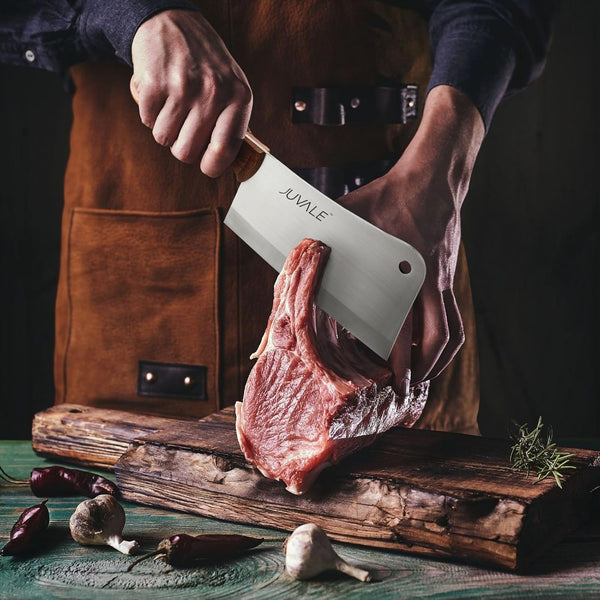 Juvale Meat Cleaver - 8-Inch Stainless Steel Blade, Wood Handle - Heavy-Duty Butcher Knife & Bone Cleaver for Beef Brisket, Meat Cutting &