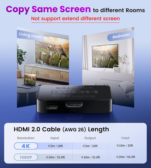 avedio links HDMI Splitter 1 in 2 Out [w/ 4 Ft Hdmi Cable]Not for Extended Display-Mirror Same Screen Only, 4K 1x2 HDMI Splitter 1 to 2 for 3D