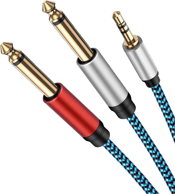 1/8 to 1/4 Stereo Cable, Nylon Braided 3.5mm to 1/4 Cable & Adapter Cord, TRS to Dual 6.35mm TS Unbalanced Breakout Wire for Laptop, Mixer, Amp -