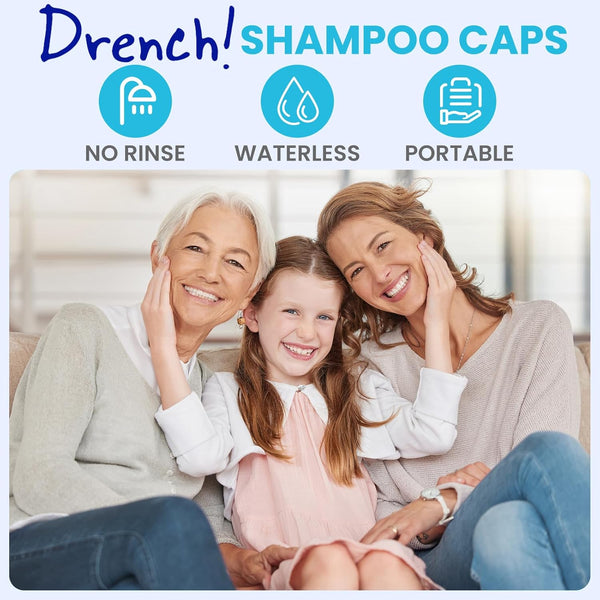 Drench Shampoo Caps No Rinse - Waterless Shampoo Cap and Conditioner - Dry Hair Wash Caps for Elderly or Bedridden - Contains Aloe Vera, Vitamin E