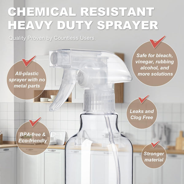 Plastic Spray Bottles (2-Pack, 16.9 Oz) Heavy Duty Spraying, Mist & Stream Clear, 2-Pack