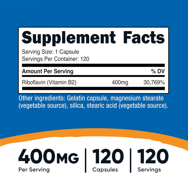 Nutricost Vitamin B2 (Riboflavin) 400Mg, 120 Capsules - Gluten Free, Non-Gmo