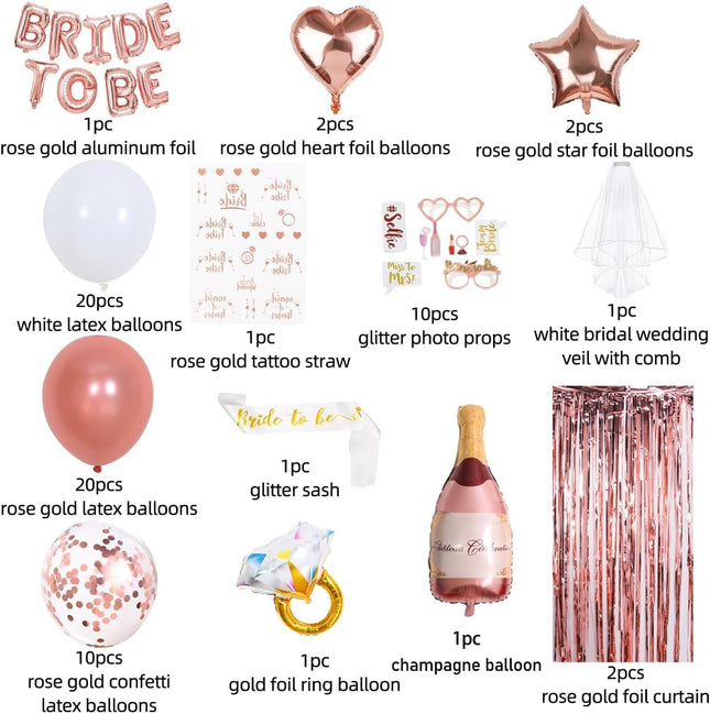 EFAILY Bachelorette Party Decorations - Rose Gold Bridal Shower Party Decor and Supplies Kit Bride To Be Sash, Veil, Tem