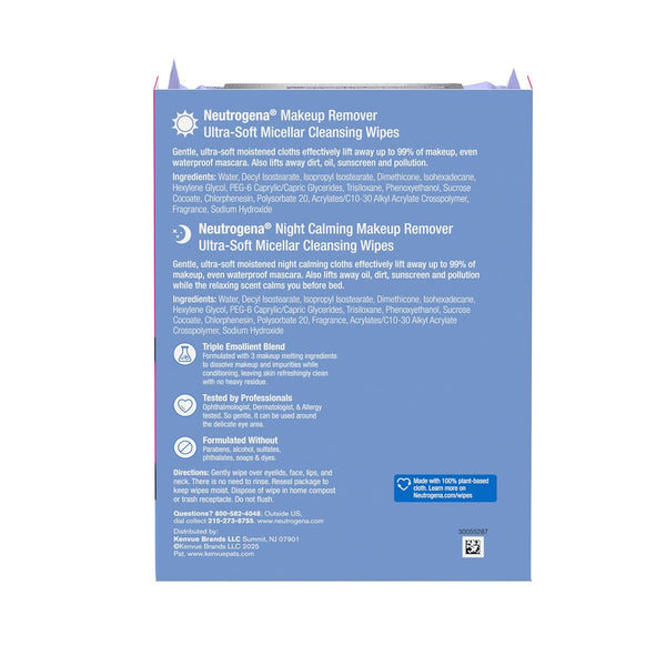 Neutrogena Day & Night Facial Cleansing Wipes, Makeup Remover Face Cleansing Towelettes & Night Calming Facial Cloths, 100% Plant Based Fibers