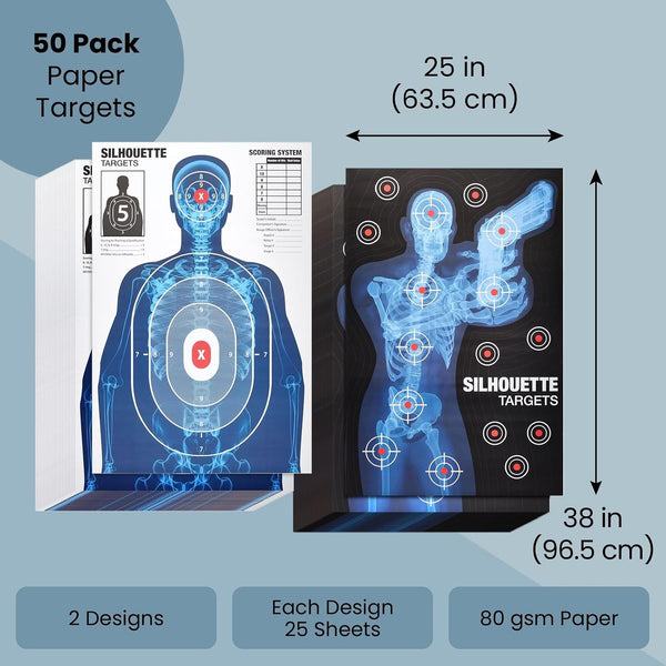 Paper Targets for Shooting Range - 25 x 38 in, 50 Pack, 2 Human Silhouette Designs - Realistic X-Ray Skeleton Anatomy with Red Scoring Marks -