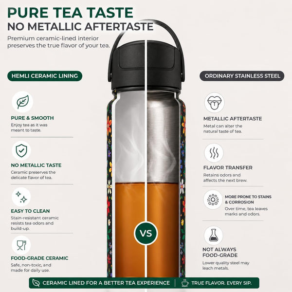 22 oz Ceramic Lined Tea Infuser Travel Tumbler, Micro-Mesh Stainless Steel Infuser, Pure Taste Ceramic Interior, Triple Insulated 12hr Hot Cold,