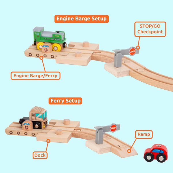 Wooden Train Tracks 68 Piece Expansion Pack Accessories with Arched Bridge, Engine Barge, Dock, Stop & Go Checkpoint, Signal Pole, Cross Track