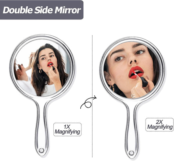 Jetec Hand Mirror Double-Sided Handheld Mirror 1X/ 2X Magnifying Mirror with Handle Transparent Hand Mirror Rounded Shape Makeup Mirror (Clear) 1