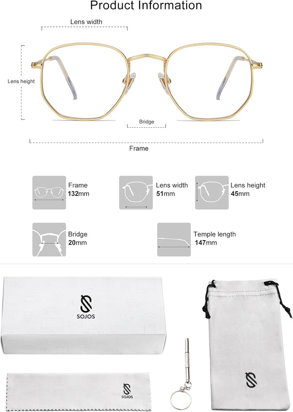 SOJOS Small Blue Light Blocking Glasses Hexagonal Eyeglasses Frame Anti Blue Ray Glasses One and Only SJ5036 0c1 Gold Frame Anti-Blue Light Lens