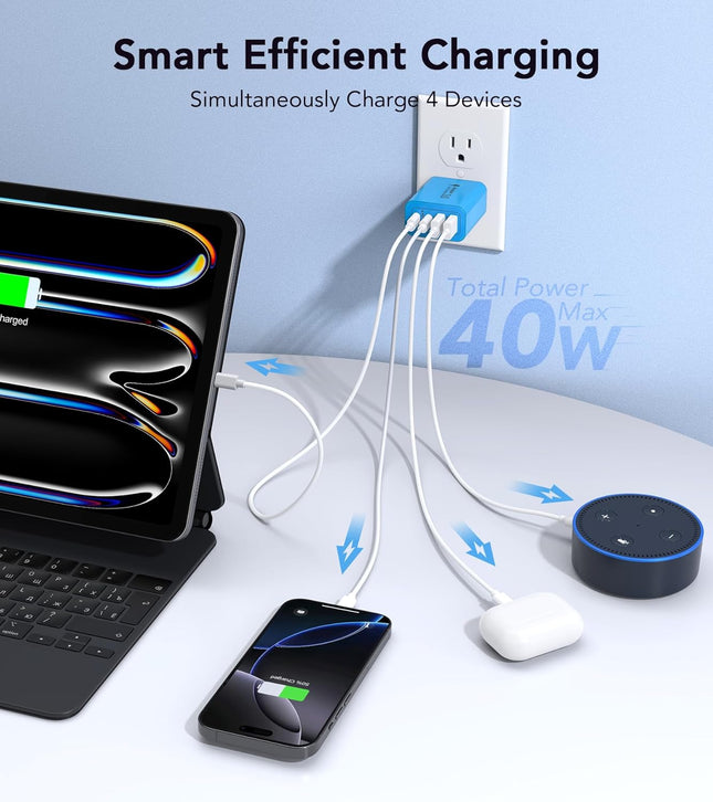 [40W/2Pack] Wall Charger, USB C Charger Block, Multi-Port PD + QC 3.0 Super Fast Charging Power Plug Adapter Brick for W