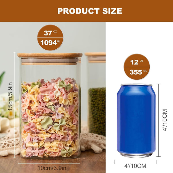 Glass Food Storage Jars 37 oz Set of 6,Glass Storage Containers Clear Glass Food Canister with Bamboo Lid Airtight For Serving Tea, Coffee, Flour,