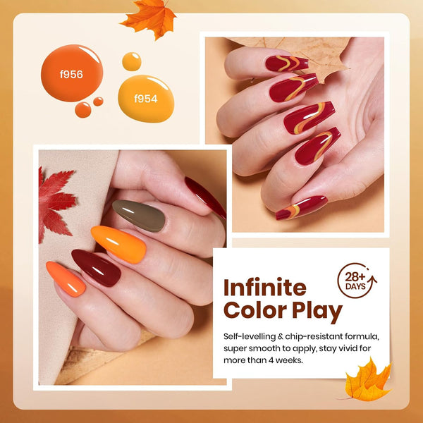 Beetles Fall Gel Polish Set, Autumn Leaves Collection, Burgundy Red Brown Colors | 6 Colors Orange Yellow Gel Polish Kit for Nails Soak Off UV LED