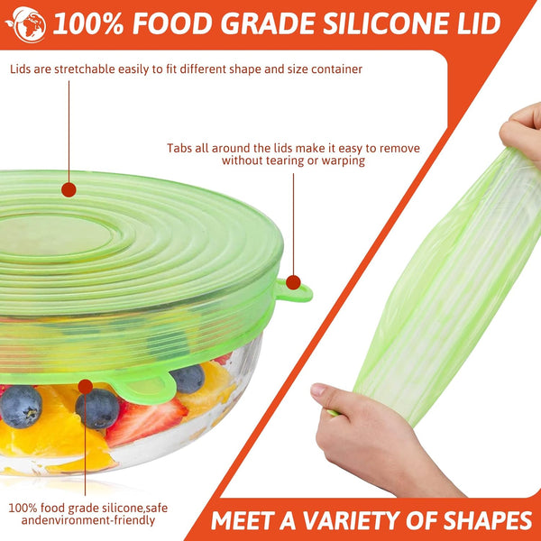 BFONS 18 Pack Silicone Stretch Lids, 6 Different Sizes, 100% Safe Food Grade Silicone to Meet Most Container, Microwave Cover for Food Storage,