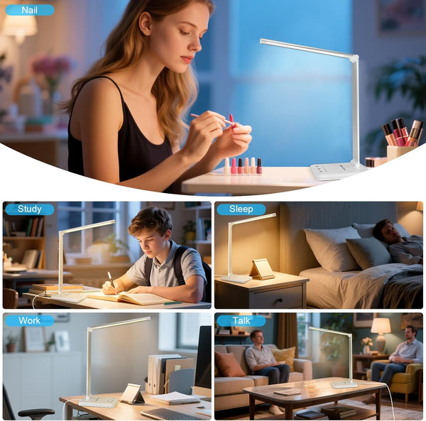 White Crown LED Desk Lamp Dimmable Table Lamp Reading Lamp with USB Charging Port, 5 Lighting Modes, Sensitive Control, 30/60 Minutes Timer