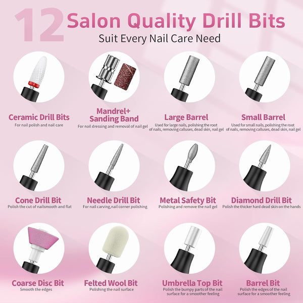 Cordless Nail Drill Electric File with UV Nail Lamp: Professional for Acrylic Gel Dip Powder Nails Portable Nail Drill Machine Kit for Manicure