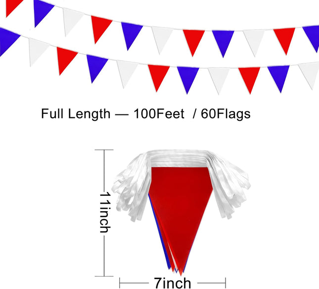 100 Feet Red Blue White Pennant Banner Flags String Triangle Bunting Flag for 4th of July Kids Birthday Wedding Outdoor Garden Hanging Festivals