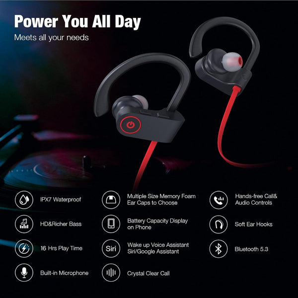 Boean Bluetooth Headphones Wireless Earbuds Bluetooth 5.3 Running Headphones IPX7 Waterproof Earphones with 16 Hrs Playtime Stereo Sound Isolation
