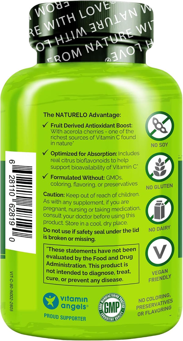 NATURELO Vitamin C with Organic Acerola Cherry Extract and Citrus Bioflavonoids - Vegan Supplement - Immune Support - 500 Mg VIT C per Cap -