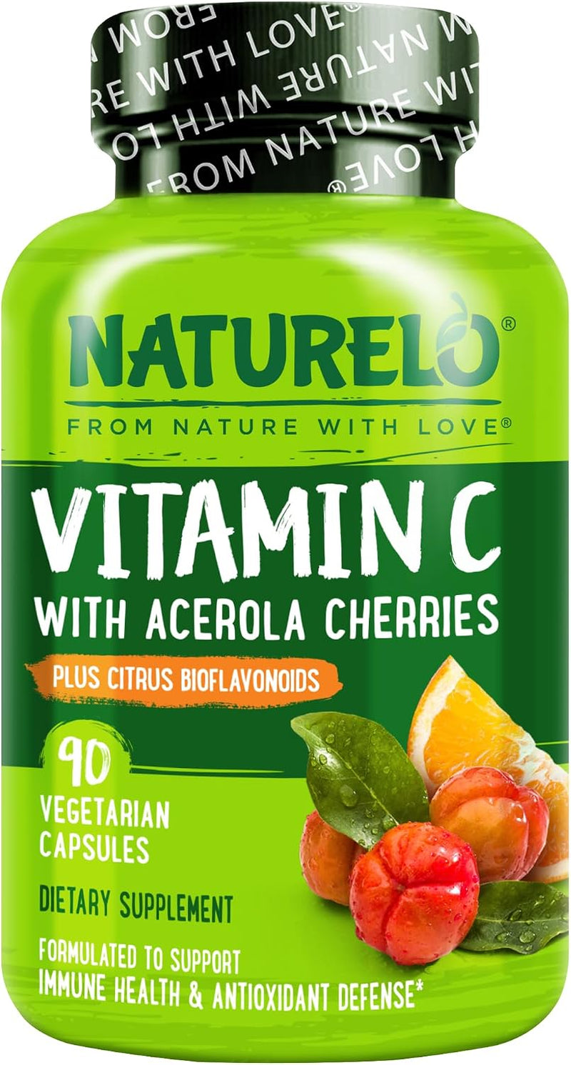 NATURELO Vitamin C with Organic Acerola Cherry Extract and Citrus Bioflavonoids - Vegan Supplement - Immune Support - 500 Mg VIT C per Cap -