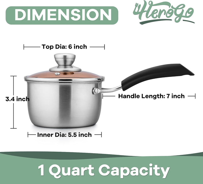 Herogo 1 Quart Saucepan with Lid, 18/10 Stainless Steel Small Sauce Pan Pot, 1Qt Saucepan for Gas Electric Stove Top Cam