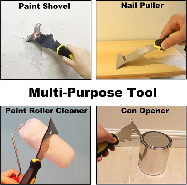 9-in-1 Painter's Tool, Straight Scraper, Gouger, Roller Cleaner, Curved Scraper, Bottle Opener, Can Opener, Nail Puller, Screwdriver, Hammer |