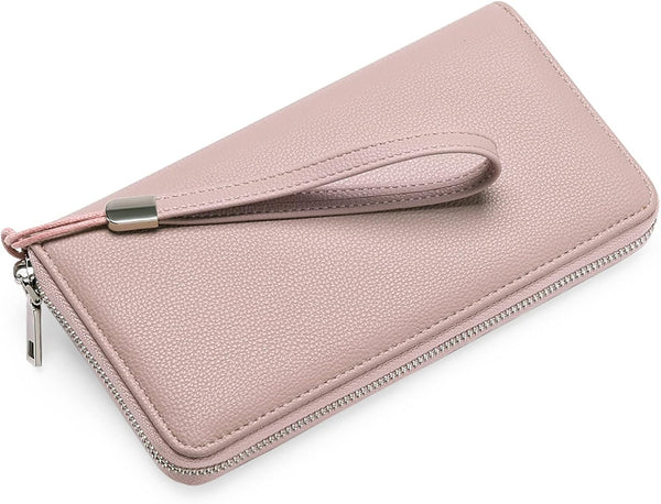 GOIACII Womens Wallet RFID Blocking Leather Zip Around Wallet Large Capacity Long Purse Credit Card Clutch Wristlet A02 Pink