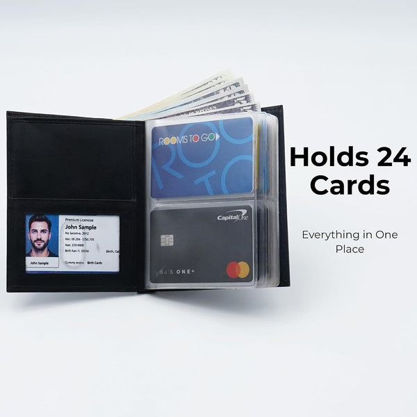 Men's Hipster Wallet, Up to 24 Cards, Leather Bifold Organizer, Black | 12 Built-In Card & Photo Sleeves | Flip-Through Organization | 2 ID
