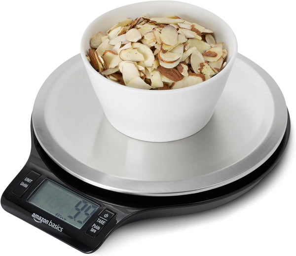 Amazon Basics Digital Kitchen Scale with LCD Display, Batteries Included, Weighs up to 11 Pounds, Black and Stainless Steel