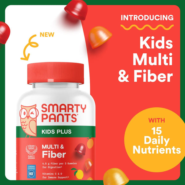 Smartypants Kids Multivitamin & Fiber Gummies: Prebiotic Fiber to Support Kids Digestion with Vitamin D3, C, Vitamin B12, B6, A, Zinc, Biotin,