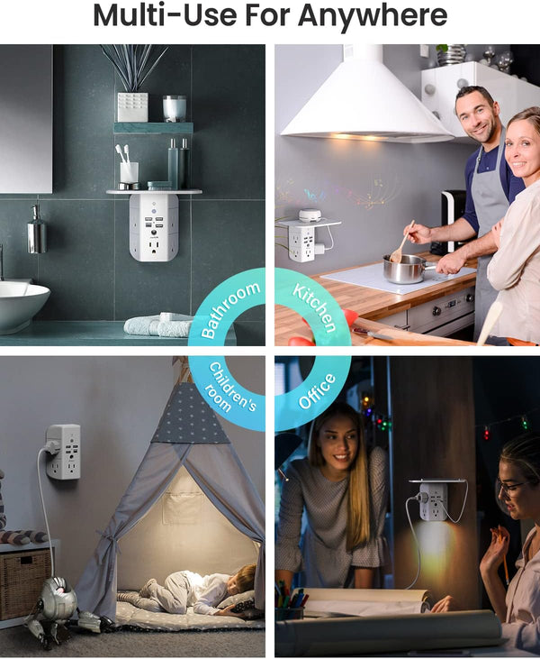 Wall Outlet Extender with Shelf and Night Light,Surge Protector,Usb Wall Charger with 5 AC Outlets and 3 USB Ports 1 USB C Outlet Wide Space