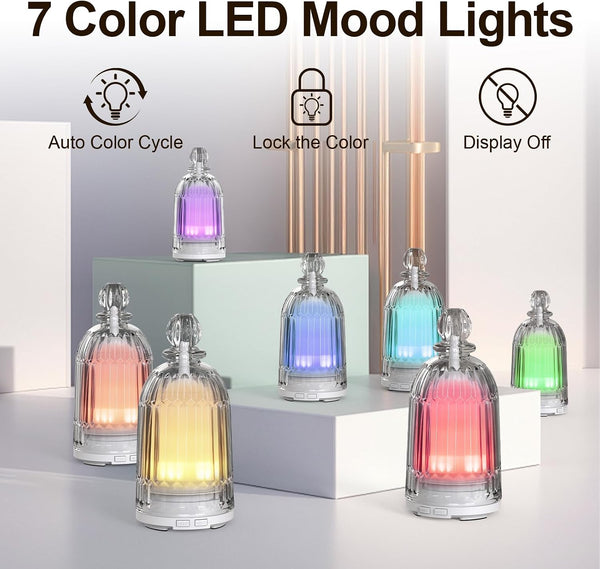 120ml Glass Essential Oil Diffuser, Ultrasonic Aroma Diffuser Glass Cover & Plastic Reservoir with Auto Shut-Off, 7 Colors LED Light for Home,