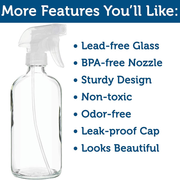 Large Clear Glass Spray Bottles, Empty, Refillable, Water, Fine Mist 16 oz