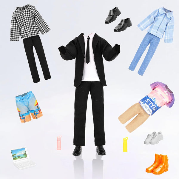 Lot 16 PCS Doll Clothes & Accessories Classic Black Suit for Boy Doll | Include Random 4 PCS Casual Wear + 5 PCS Dolls Pants + 3 Pairs of Shoes
