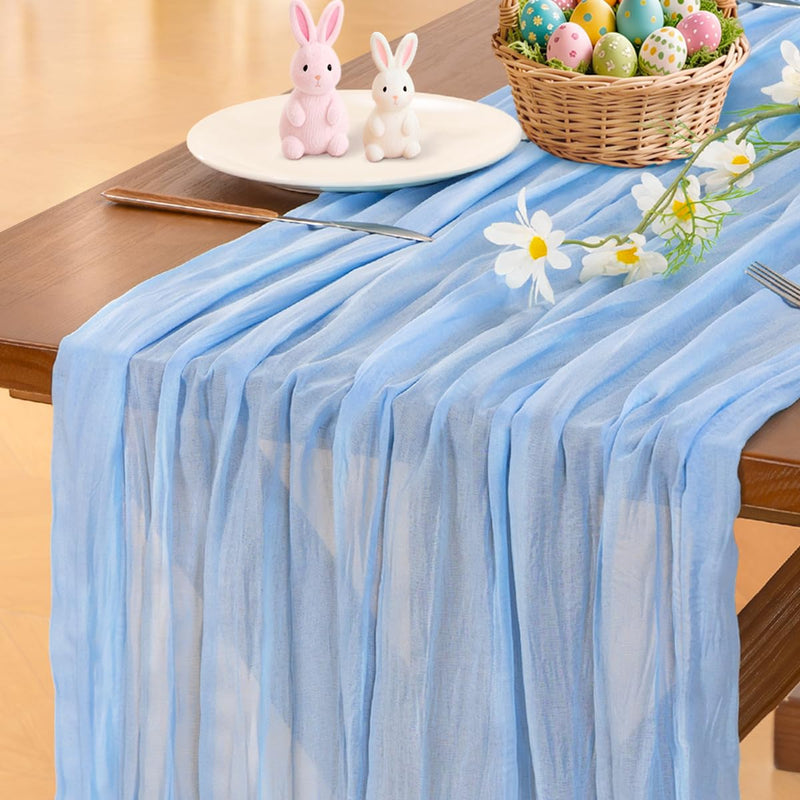 Socomi Blue Summer Cheesecloth Table Runner Light Blue Boho Rustic Gauze 120 Inch 10FT Cheese Cloth Runner for Wedding Party Baby Shower Birthday