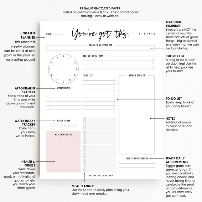 Bliss Collections Daily Planning Pad, to Do List Notebook - Undated Tear-Off She