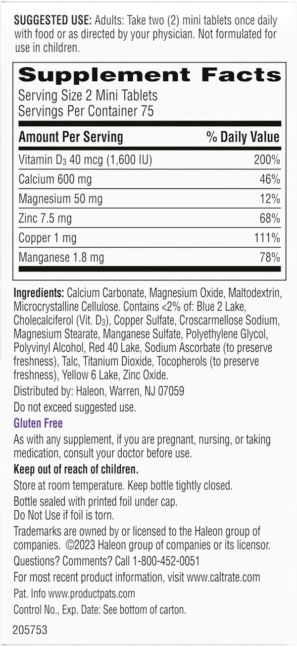 Caltrate Minis 600 Plus D3 Plus Minerals Calcium and Vitamin D Supplement Tablets, Bone Health and Mineral Supplement for Adults - 150 Count 150