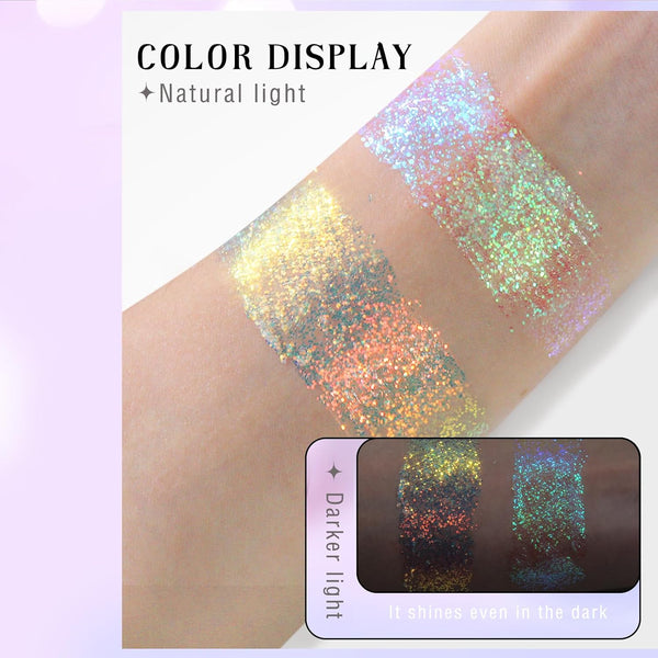 Roll-On Holographic Body Glitter Gel for Face Hair, Chameleon Color Changing Glitter Gel under Light, Chunky Mermaid Sequins Festival Party Rave