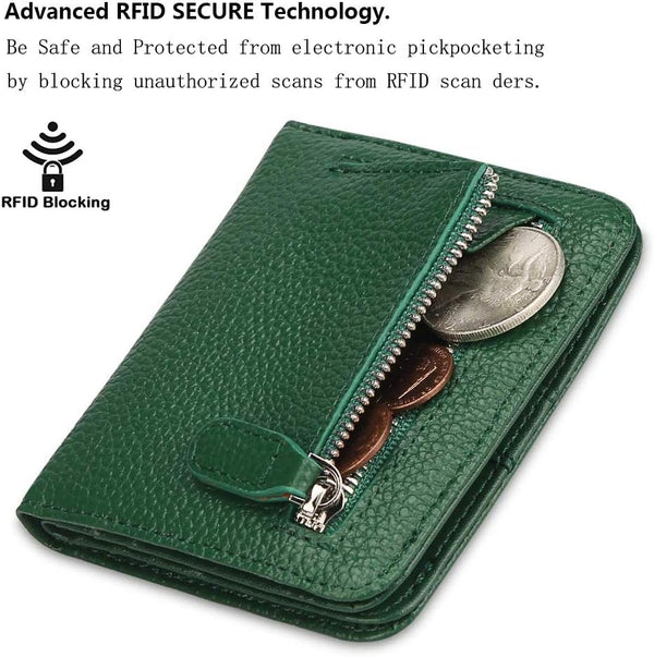 FUNTOR Small Wallets for Women, Ladies Small Compact Bifold Pocket RFID Blocking Genuine Leather Wallet for Women A:F Natural leather-Dark Green